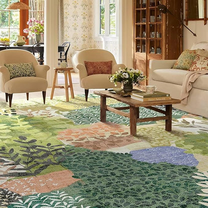 DEXDE Large Area Rugs 9x12 Living Room, Floral Washable Rug Boho Print Vintage Low Pile Non Slip Carpet for Bedroom Kids Room Kitchen Playroom Office Dinning Room,Green