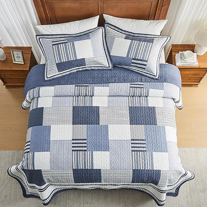 100% Cotton 128"x120" Oversized Quilt Bedspread, Plaid Patchwork California King Extra Large Quilt Bedding Set, Reversible Cal King XL Bed Spread Lightweight Comforter, Blue, 3Pcs