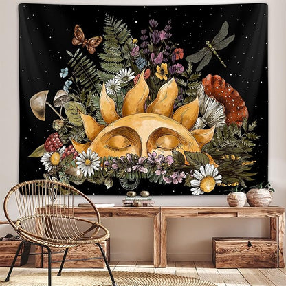 Boho Sun Tapestry for Bedroom Aesthetic, Vintage Mushroom Botanical Plant Art Tapestries Wall Hanging for College Dorm Living Room Decor 60X40", Fairy Galaxy Poster Blanket