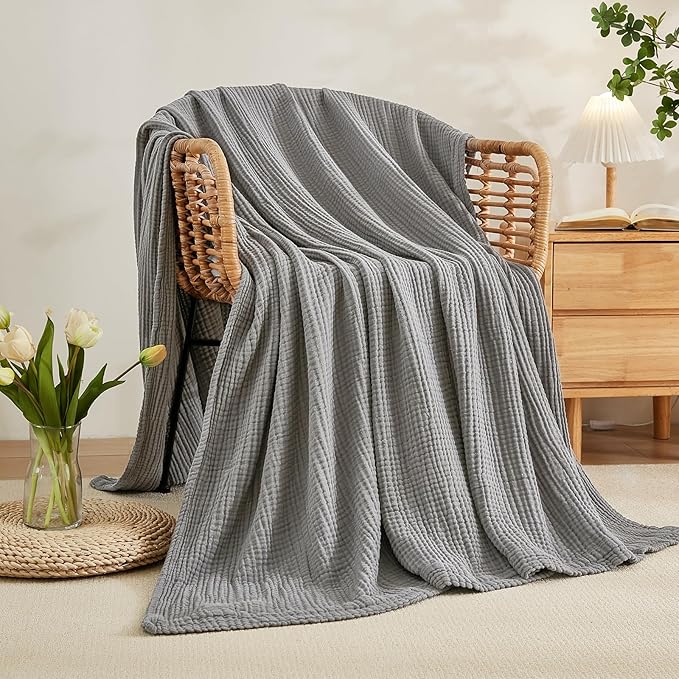 EMME Cotton Muslin King Blanket Big Oversized Bed Layering Bedspread Coverlet Breathable Gauze Soft Lightweight Blankets (Grey, 120"x94")