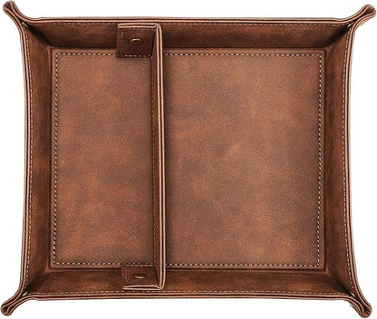 SITHON Valet Tray Desktop Storage Organizer, Removable 2 Compartments Catchall Tray Bedside Vanity Nightstand Caddy Holder Desk Storage Plate, Brown