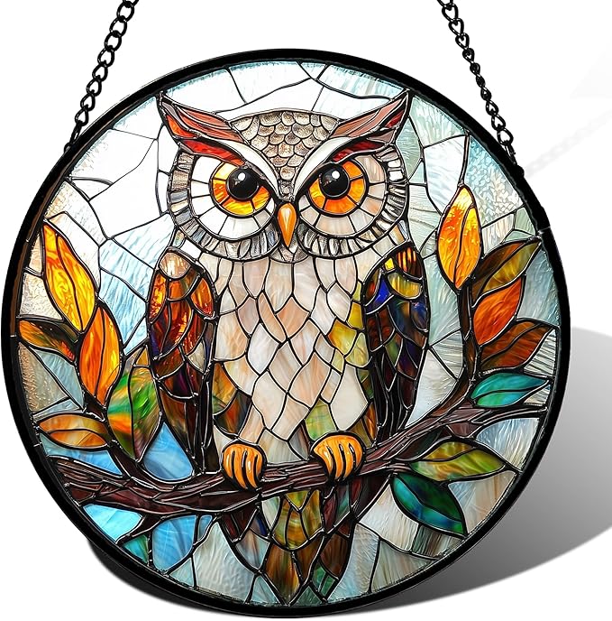 DASTOLL Stained Glass Window Hanging, Owl Colorful Leaves Birds Sun Catchers Diamond Glass Panel Hangings Suncatcher Decor for Birthday for Women, Men, Wife, Aunt, and Mom 14.9x14.9 in