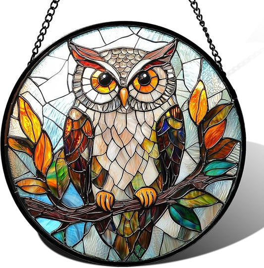 DASTOLL Stained Glass Window Hanging, Owl Colorful Leaves Birds Sun Catchers Diamond Glass Panel Hangings Suncatcher Decor for Birthday for Women, Men, Wife, Aunt, and Mom 14.9x14.9 in