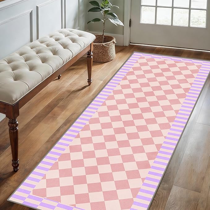 Pink Checkered Long Hallway Rug Runners, 4x10ft, Cute Girly Purple Geometric Design Bedroom Carpets for Girls, Fade Resistant Durable Pet Friendly Easy Clean Carpet for Indoor Porch