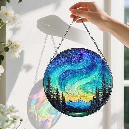 Stained Glass Window Hanging - 8 Inch Northern Lights Suncatcher for Window Doors Home Decoration, Valentine's Day Mother's Day Christmas Birthday Gifts for Women, Men, and Mom Grandma