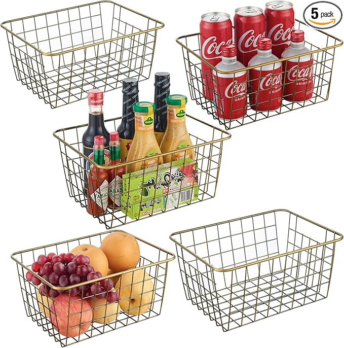 Wire Kitchen Storage Basket 5 Packs,Perfect Pantry Organization Accessories Baskets,Laundry Basket,Countertop Organization,Suitable for Kitchen,bathroom,bedroom,Tabletop,Stackable,Bronze