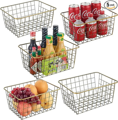 Wire Kitchen Storage Basket 5 Packs,Perfect Pantry Organization Accessories Baskets,Laundry Basket,Countertop Organization,Suitable for Kitchen,bathroom,bedroom,Tabletop,Stackable,Bronze