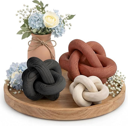 3 Pack Wooden Knot Decorations 3 Color Set Coordinated Boho Nautical Home Decor for Shelf, Wall, Tabletop, Sizes 3.94", 4.72", 5.91"(Rust)