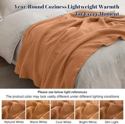 PHF 100% Cotton Muslin Blanket Twin XL Size 66"x90", 4-Layer Lightweight Gauze Throw, Breathable Cloud-Soft Minimalist Blanket for Bed, Couch, Camping & Baby, Caramel, Ideal Gift