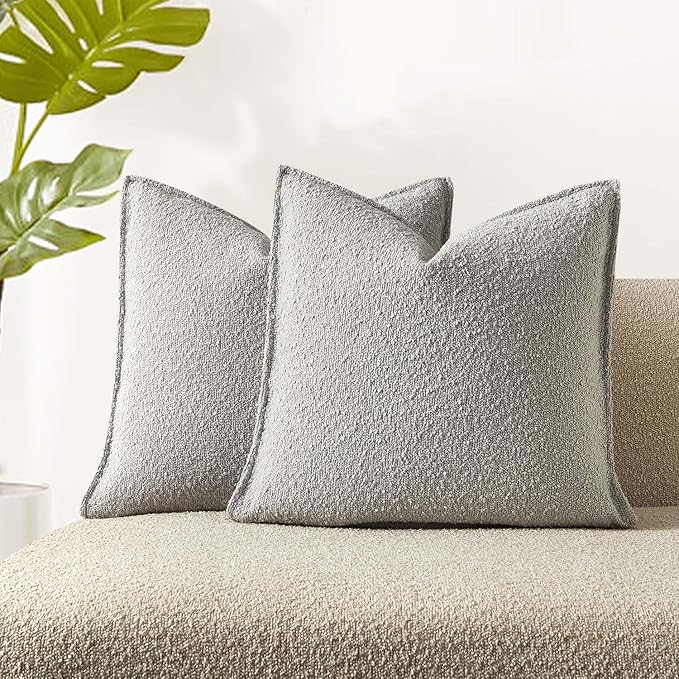 JUSPURBET 22x22 Throw Pillow Covers Set of 2 Decorative Pillow Covers for Couch Sofa Bed Cozy Boucle Textured Cushion Covers Cases with Invisible Zipper for Living Room Home Decor,Silver Grey