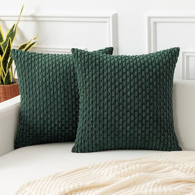 Kevin Textile Christmas Decorative Pillow Covers Set of 2 Striped Plush Corduroy Pillows Pillowcases Boho Home Decor Cushion Covers for Couch Sofa Bed Living Room 26x26 Inch, Army Green