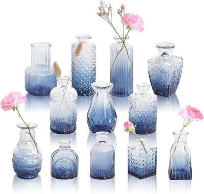 Coastal Blue Glass Bud Vases in Bulk 12, Assorted Embossed Boho Small Flower Vases for Centerpieces, Wedding, Party, Events, Modern Decorative Blue Mini Vase Bottles for Table, Shelves, Home