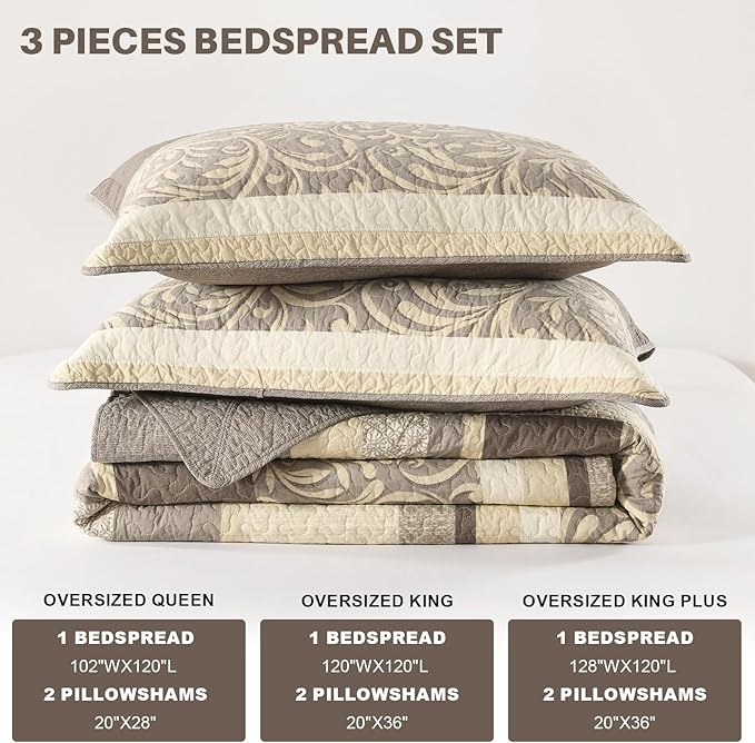 Lightweight Queen Bedspreads 120x102, 100% Cotton Oversized Quilt, Striped Botanical Pattern Coverlet, Reversible Farmhouse Quilted Bedding Set 3 Piece, Brown/Taupe/Cream