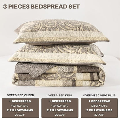 Lightweight Queen Bedspreads 120x102, 100% Cotton Oversized Quilt, Striped Botanical Pattern Coverlet, Reversible Farmhouse Quilted Bedding Set 3 Piece, Brown/Taupe/Cream