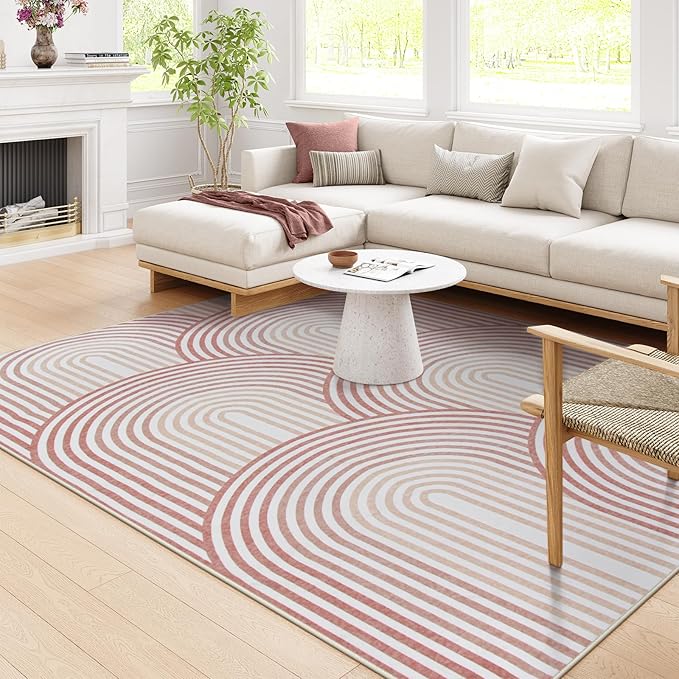 Moynesa Abstract Rainbow 6x9 Area Rugs for Living Room, Washable Soft Pink Rug for Bedroom Girl Nursery Classroom Ultra-Thin, Mid Century Modern Boho Large Floor Carpet for Playroom Home Office