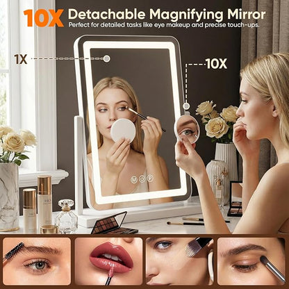 Antok Vanity Mirror with Lights, 33"X23" Lighted Makeup Mirror, Smart Touch, 3 Color Modes and Brightness Adjustable, LED Vanity Mirror with Detachable 10X Magnification, 360° Rotation for Makeup Desk