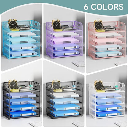 Paper Organizer Letter Tray with Handle Mesh 5-Tier Stackable Desk Organizer for Files/Paper/Office Supplies, Sturdy Carbon Steel Desk Organizer for Home Office & Classroom