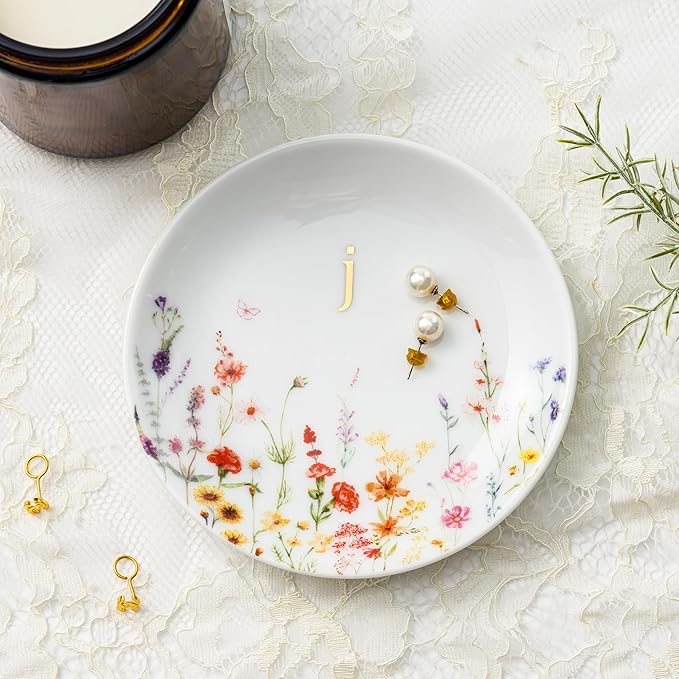 Crisky Initial Jewelry Tray Ring Dish & Gift Box, Ceramic Flower Trinket Dish for Rings Earrings Necklaces Keys, Bridal Shower Engagement Birthday Gift for Women, Friends 4.57" (Gold Foil J