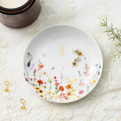 Crisky Initial Jewelry Tray Ring Dish & Gift Box, Ceramic Flower Trinket Dish for Rings Earrings Necklaces Keys, Bridal Shower Engagement Birthday Gift for Women, Friends 4.57" (Gold Foil J