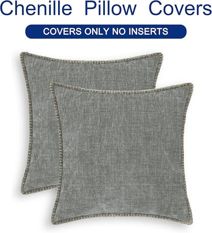 CaliTime Throw Pillow Covers Decorative 18 X 18 Inches Pack of 2 Cotton Thread Stitching Edges Solid Dyed Soft Chenille Cushion Cases for Couch Sofa Bed Living Room Farmhouse Medium Grey