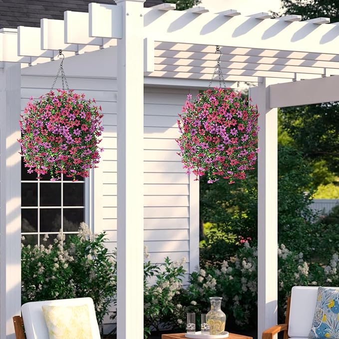 INQCMY Artificial Faux Hanging Flowers Plants Basket for Outdoor Outside Spring Summer Decoration,UV Resistant Fake Silk Daisy in Planter Resistant Look Real for Home Porch Balcony Patio Yard Decor