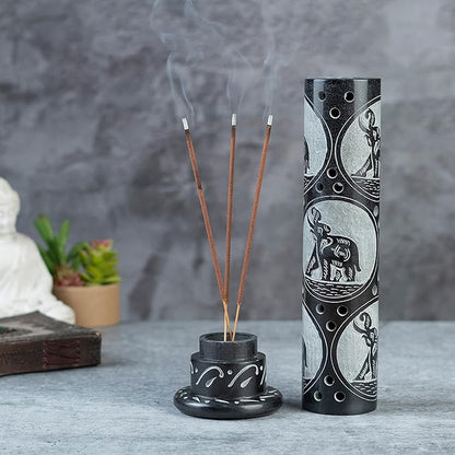 Crocon Handmade Black Marble Incense Stick Tower Burner Round Shape Jali Design Incense Tower Burner | Tea Light Candle Holder | Living Room Decor Home Fragrance Decorative Gift Size 3X3X10 Inch