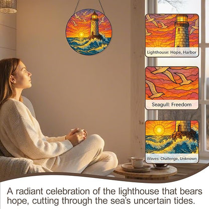 Stained Glass Window Hanging,Lighthouse Sun Catchers Stained Glass Panels for Indoor Windows Wall Art Decor, Memorial Gift for Mom Women Wife Men Lovers (11.8inch)