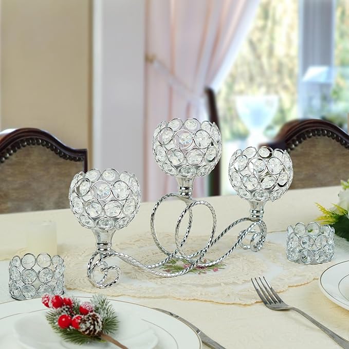 Silver 2 Pcs-3Arm Metal Crystal Tea Light Candle Holder, Elegant Wedding Table Centerpiece Candle Holder, Christmas Wishing Crystal Bowl Candle Holder Suitable for Wedding Party Living Room Decoration