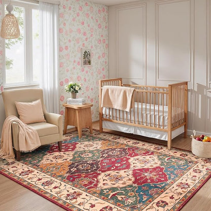 Lessymo Moroccan Washable Area Rugs 5x7, Soft Rugs for Living Room Bedroom, Indoor Non-Slip Large Vintage Carpet for Entryway Home Office, Classic Red and Cream