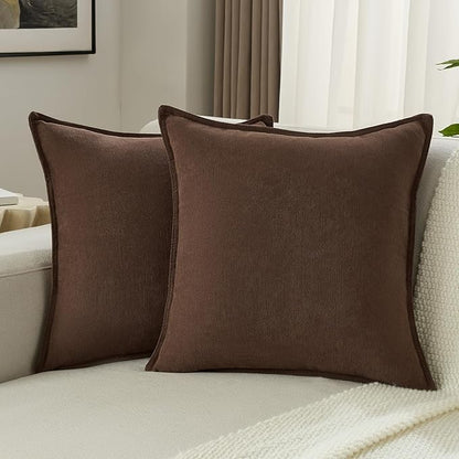FUTEI Brown Chenille Throw Pillow Covers 20x20 Inch Set of 2,Edges Double-Stitched Cushion Cases,Modern Home Decor for Couch Living Room