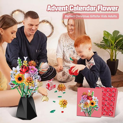 Flower Bouquet Building Blocks Set - 24-Day Countdown Calendar for Spring, Valentine's Day, Mother's Day & Christmas - DIY Colorful Roses & Tulips Building Home Decor for Women, Teens, Mom