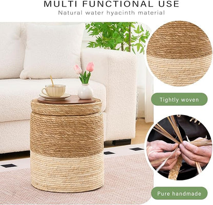Wimarsbon Round Pouf Ottomans, Handwoven Natural Water Hyacinth Seagrass Pouffe,Outdoor Rattan Stool Accent Seat, Bohemian Coastal Home Decor (Storage - 14inch Natural Cattail & White Corn Shell)