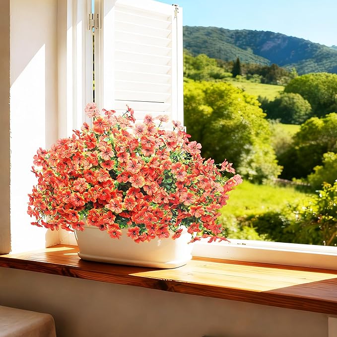 16 Bundles Artificial Flowers – UV Resistant Faux Mums in Orange for Garden, Patio, Porch & Home Décor, Realistic Fake Flowers for Wedding & Yard Decoration