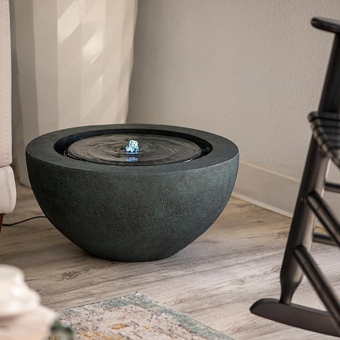 Xbrand 19.8" W Round Polyresin Indoor/Outdoor Sphere Fountain w/LED Light, Dark Green