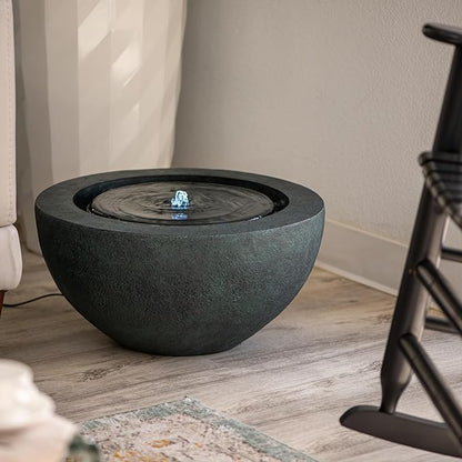 Xbrand 19.8" W Round Polyresin Indoor/Outdoor Sphere Fountain w/LED Light, Dark Green