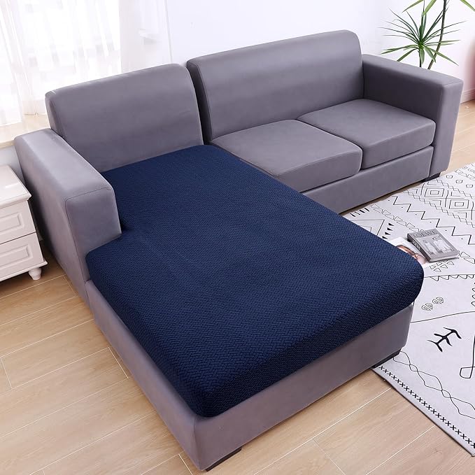 Smiry Waterproof Couch Cushion Covers, Stretch Jacquard Sectional Couch Covers, L Shape Chaise Lounge Sofa Slipcover, Washable Elastic Furniture Protector for Pets, Kid (XL-Chaise Cover, Navy)