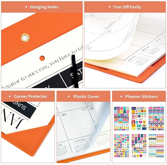 Ospelelf Large Desk Calendar 2026-2027 with PU Leather Pad, 18 Months Planner Pad from January 2026 - June 2027, 22" x 17" Wall Calendar with Protective Cover for Home or Office, Orange