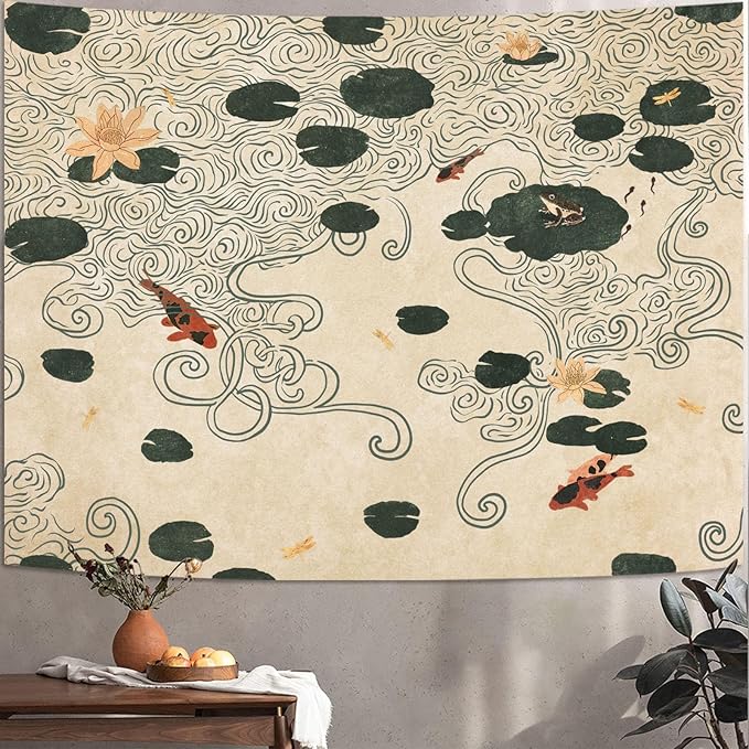 Lifeella Japanese Tapestry, Koi Pond Tapestry, Abstract Lotus Lily Wall Hanging, Zen Nature Aesthetic Art Wall Decor for Bedroom Living Room Dorm, Beige 44x60 inches