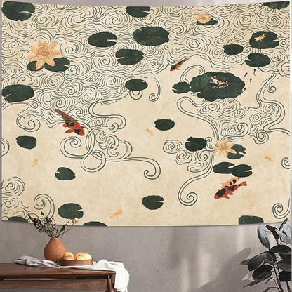 Lifeella Japanese Tapestry, Koi Pond Tapestry, Abstract Lotus Lily Wall Hanging, Zen Nature Aesthetic Art Wall Decor for Bedroom Living Room Dorm, Beige 44x60 inches