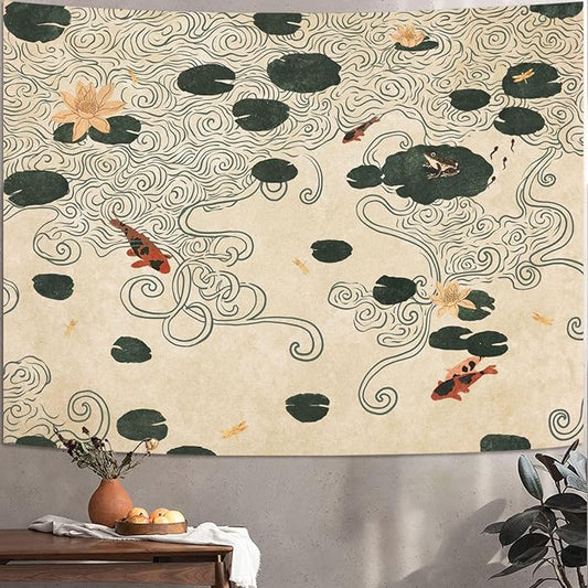 Lifeella Japanese Tapestry, Koi Pond Tapestry, Abstract Lotus Lily Wall Hanging, Zen Nature Aesthetic Art Wall Decor for Bedroom Living Room Dorm, Beige 44x60 inches