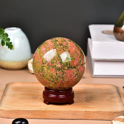 JIC Gem Natural Unakite Crystal Sphere Rock Quartz Crystal Ball with Wood Stand Healing Meditation Energy Decoation Ball (70-80mm)