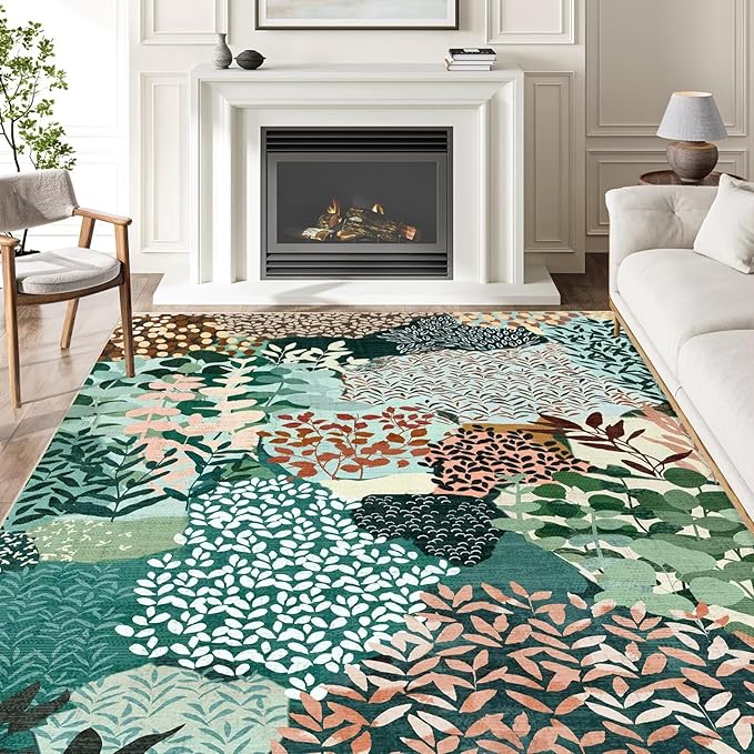 DEXDE 5x7 Area Rugs, Washable Non-Slip Abstract Boho Soft Rug for Living Room Bedroom,Leaves Floral Print Large Carpet for Entryway Playroom Office, Dark Green