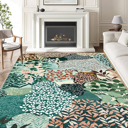 DEXDE 5x7 Area Rugs, Washable Non-Slip Abstract Boho Soft Rug for Living Room Bedroom,Leaves Floral Print Large Carpet for Entryway Playroom Office, Dark Green