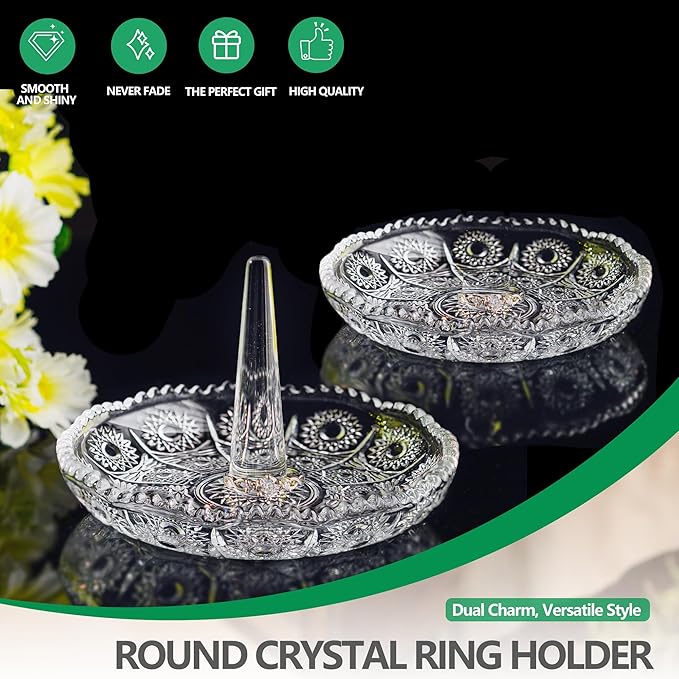 Set of 2 Crystal Ring Holder Dish for Women Clear Glass Jewelry Dish Tray for Rings Earrings Necklace Organizer Elegant Engagement, Anniversary, Christmas Gifts