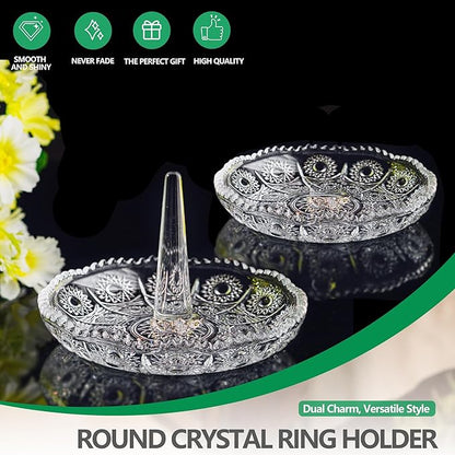 Set of 2 Crystal Ring Holder Dish for Women Clear Glass Jewelry Dish Tray for Rings Earrings Necklace Organizer Elegant Engagement, Anniversary, Christmas Gifts