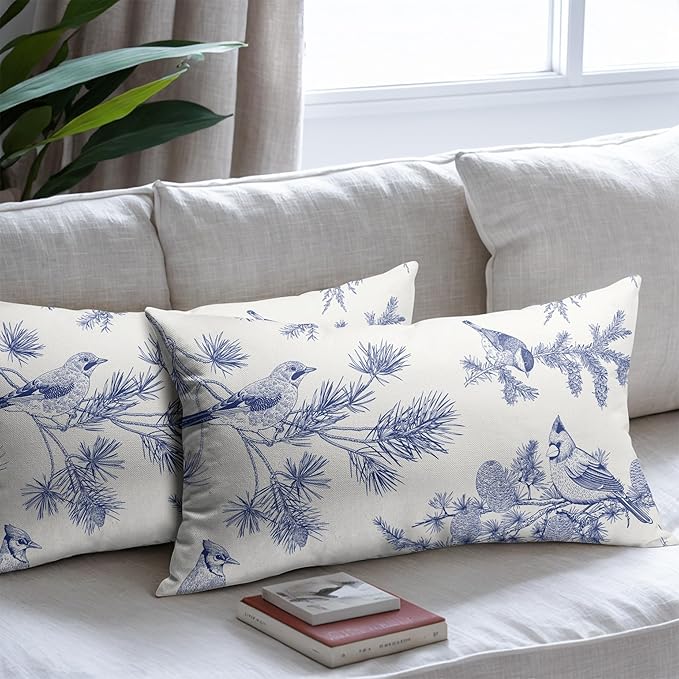 White Blue Bird Pillow Covers 12x20 Set of 2 Decorations Chinoiserie Vintage Throw Pillow Covers Decor Rustic Pillowcases Oriental Pattern Farmhouse Cozy Soft for Sofa Bed Chair Home Decorative