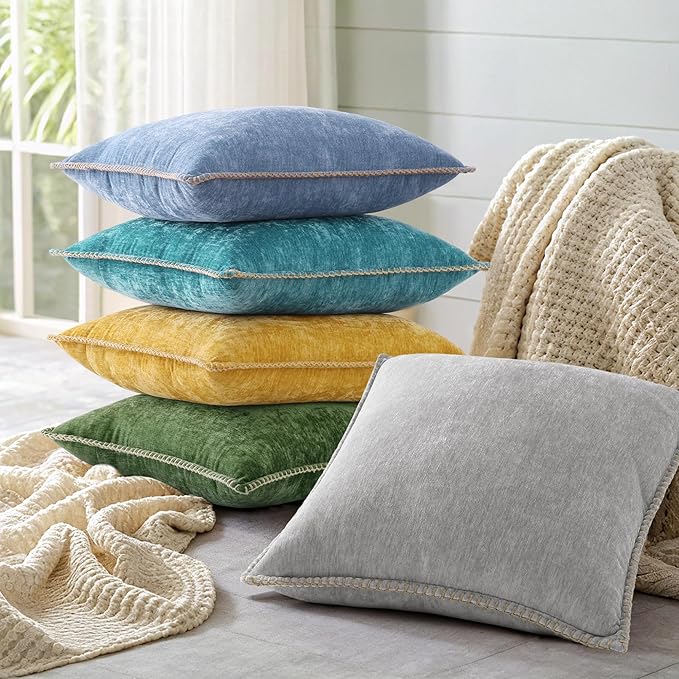 decorUhome Spring Chenille Soft Throw Pillow Covers 20x20 Set of 2, Farmhouse Velvet Neutral Decorative Pillow Covers with Stitched Edge for Couch Sofa Bed Home Decor, Forest Elf