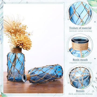 Chuangdi Set of 2 Coastal Glass Vases Christmas Vases for Flowers with Boho Rope Christmas Centerpieces for Tables Small Beach Bottle for Nautical Wedding Floral Arrangement Decorations(Navy Blue)