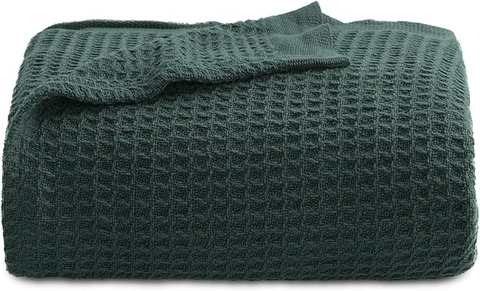 Bedsure Gentlesoft 100% Cotton Large Throw Blanket for Couch 50x70 inches - Breathable and Soft, Waffle Weave Throw Blanket for Office, Dark Green