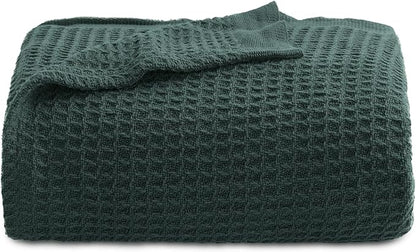 Bedsure Gentlesoft 100% Cotton Large Throw Blanket for Couch 50x70 inches - Breathable and Soft, Waffle Weave Throw Blanket for Office, Dark Green